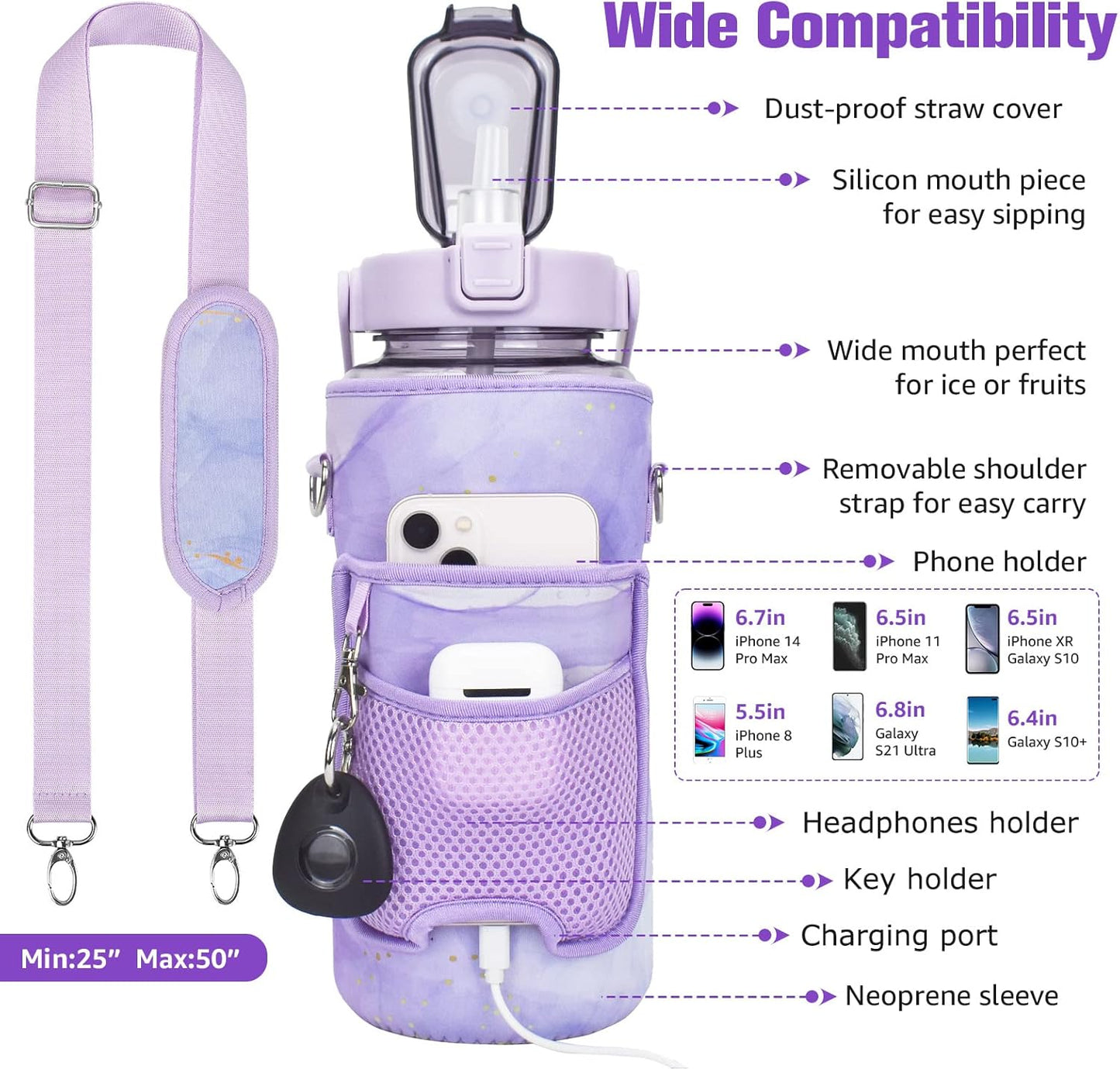 Half Gallon Water Bottle with Sleeve, 64OZ Motivational Water Bottle with Straw & Time Marker, BPA Free Leakproof Gym for Sport Workout