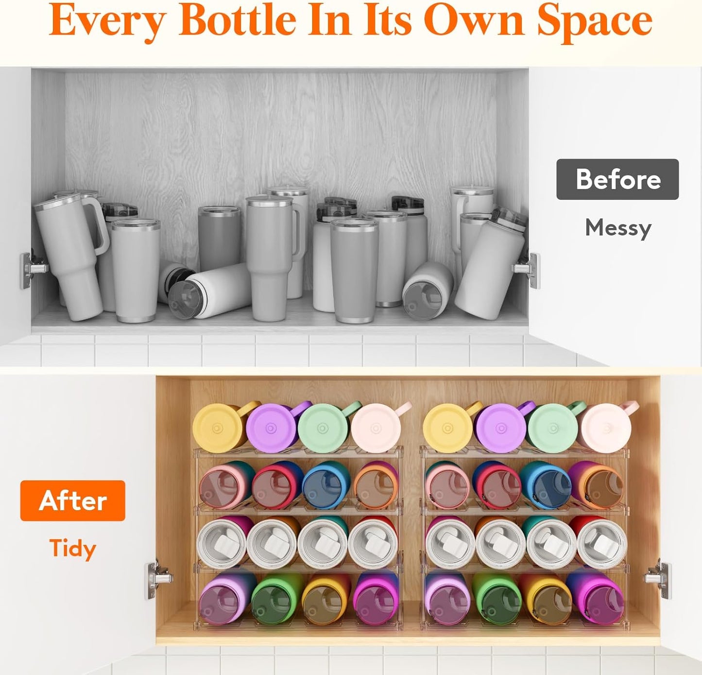 Lifewit Stackable Bottle Storage Organizer, Clear Freestanding Wine Holder for Cabinet, Large Slot Water Bottle Tumbler Cup Organizer for Pantry, Plastic Wine Rack for Fridge Cellar, 3Tier Hold 9