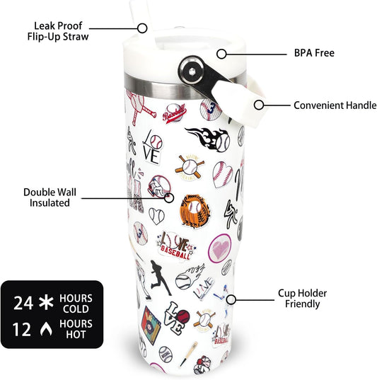 30 oz Tumbler with Handle Flip Straw Leak Proof - Pickleball Mug 30oz Tumbler Travel Coffee Mug with Handle - Birthday Gifts for Women Pickleball Lovers Players 30 Ounce Stainless Steel Cup
