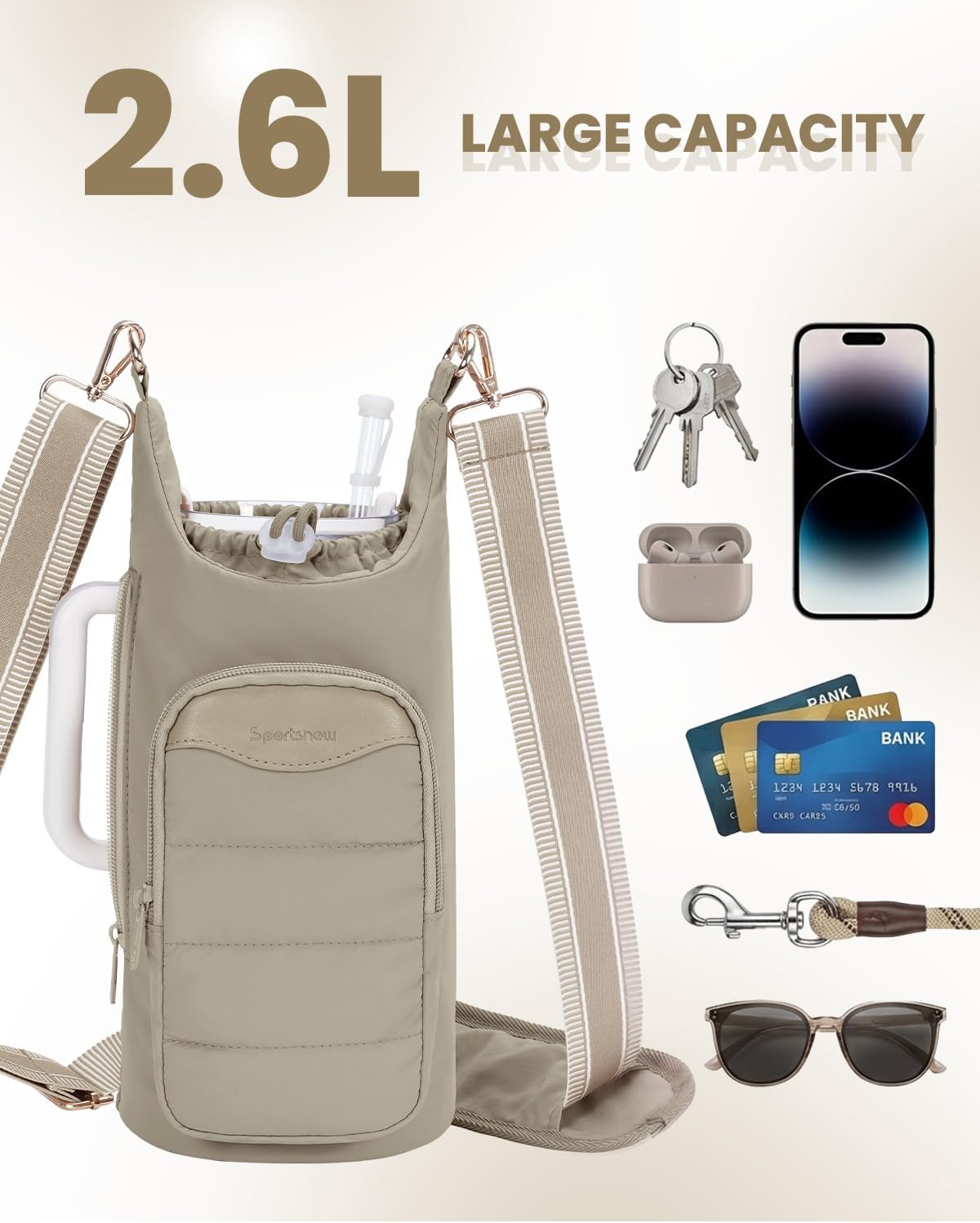 sportsnew Water Bottle Holder, Crossbody Insulated Cup Sleeve for 30oz/40oz Tumbler with Handle, Puffy Carrier Bag with Phone & RFID-Blocking Card Pocket & Drawstring Closure for Quick Access