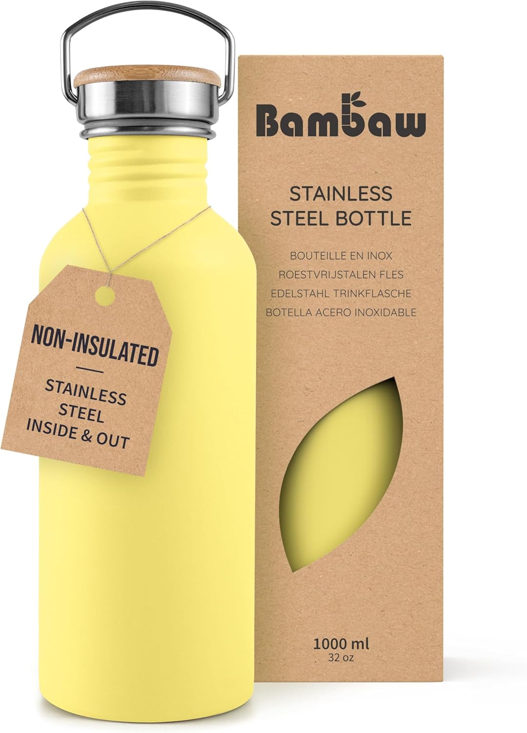 Bambaw Stainless Steel Water Bottles 32 oz, Non-insulated Single Wall Metal Water Bottle Stainless Steel, Reusable & Eco Friendly, Dishwasher Safe – Silver | Non-insulated