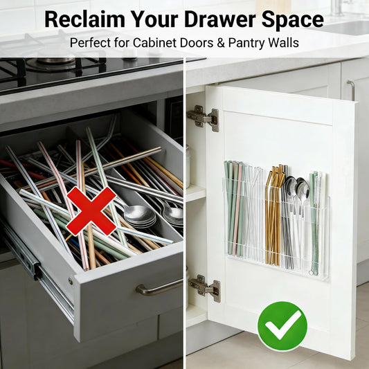 Straw Holder for Cabinet Door – Reusable Straw Organizer & Dispenser with Damage-Free Adhesive & Drain Holes – Fits Stanley, Yeti, Silicone & Metal Straws