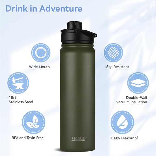 HASLE OUTFITTERS 32 oz Insulated Water Bottle Stainless Steel Double Walled Vacuum Sports Water Bottle with 2 Lids (Straw and Spout Lid) for Gym Camping Hiking(Black,1)