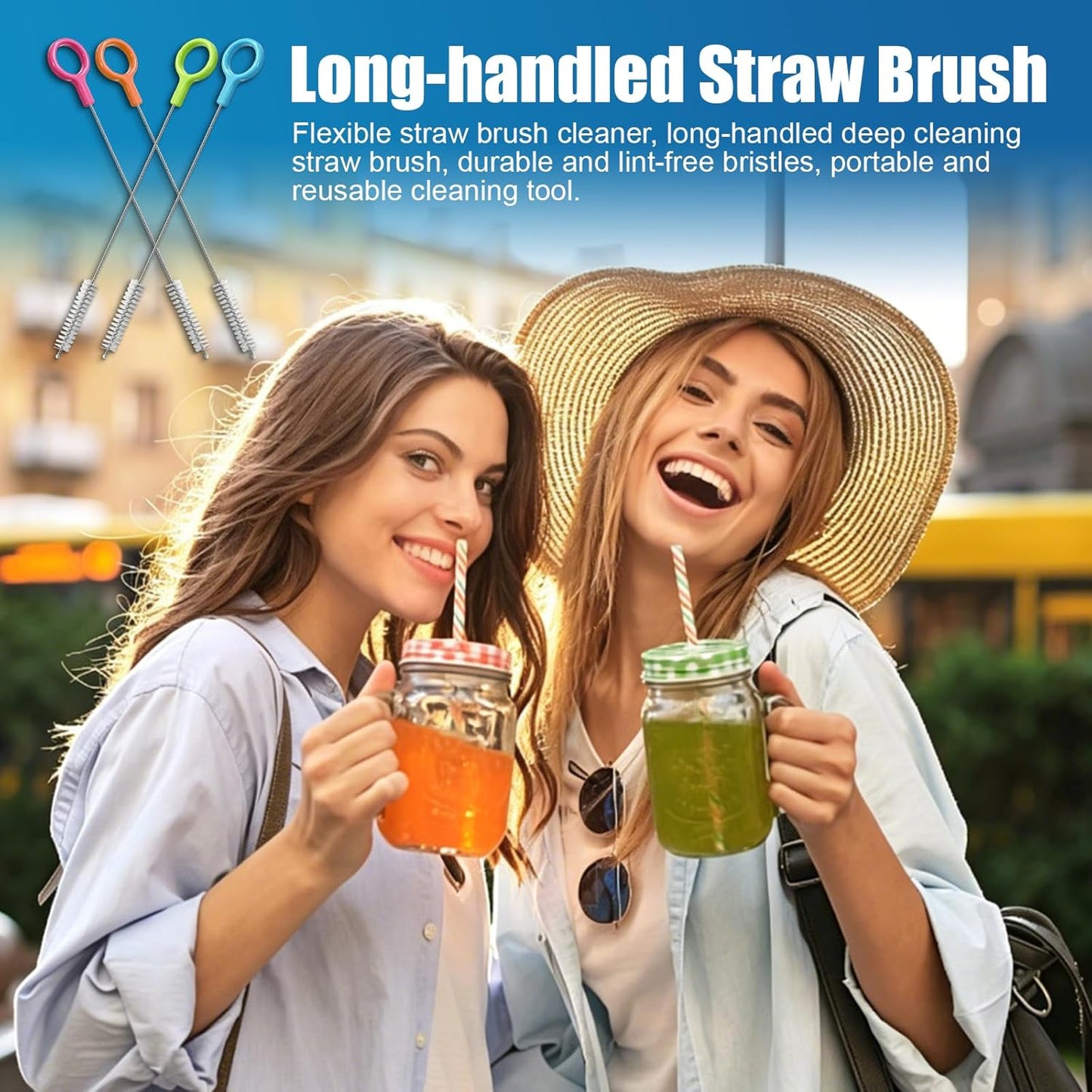 AONEZ Straw Cleaner Brushes Set of 4 – Straw Brush with Non-Slip Handle in Extra-Long Brush for Metal and Plastic Reusable Drinking Straws – Blue, Green, Orange, Pink