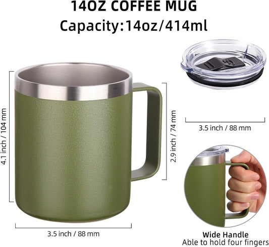 Volhoply 14oz Insulated Stainless Steel Coffee Mug with Lid Bulk 4 Pack,Double Wall Vacuum Travel Coffee Cup with Handle,Reusable Metal Cups Tumbler Cup,Camping Mugs,Ideal Gifts(Mix,4)