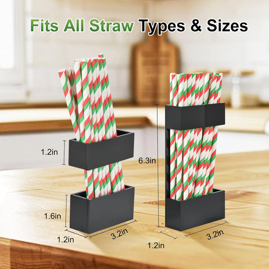 2 PACK Acrylic Straw Holder for Cabinet Doors, Reusable Straw Organizer with Ultra-Sticky Adhesive, Small Kitchen Accessories Container, Fits Both Short & Long Straws(Black)