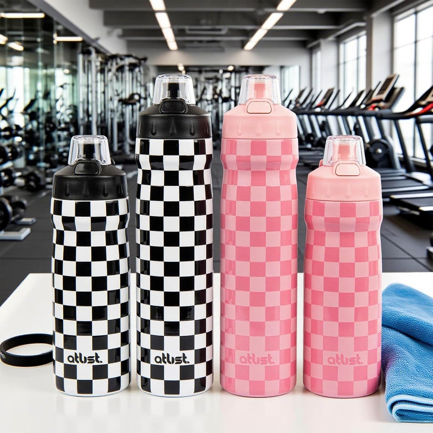 Magnetic Water Bottle with Straw 25 oz - Stainless Steel Insulated Tumbler for Gym & Bike (Fits Holders) - Leak Proof Pop-Up Lid, 2-in-1 Sip or Chug, Handle & Cute Black Checkered Print
