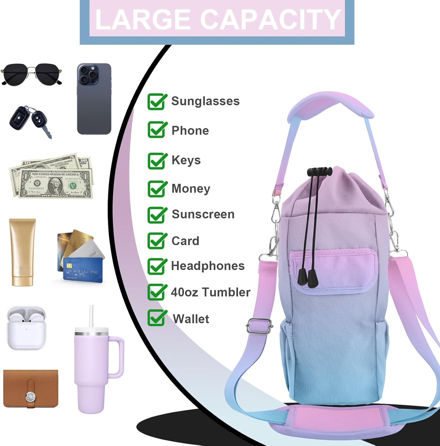 Water Bottle Carrier Bag with Phone Pocket for Stanley Cup 30/32/40 oz Tumbler with Adjustable Strap,Insulated Water Bottle Holder Pouch Crossbody Sling for Walking Travel