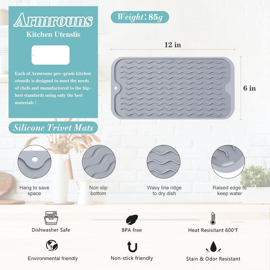 Silicone Dish Drying Mat, Multipurpose Heat Resistant 600 ℉ 7-Inch Food Grade & BPA Free. Non-Slip Trivet mats for Cup, Hot Pot, Hot Dishes