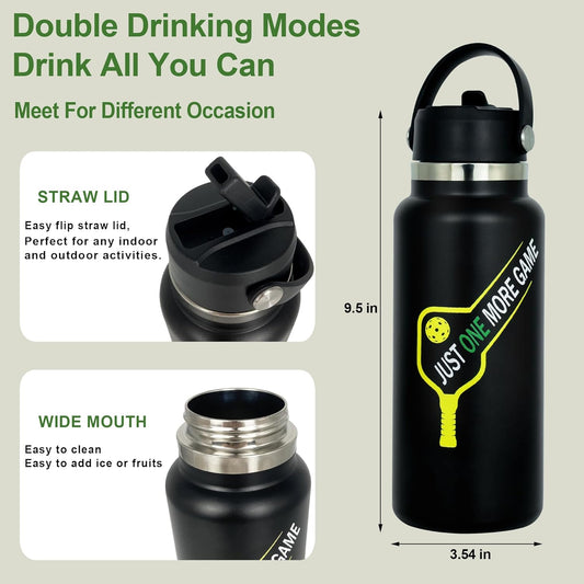 Pickleball Water Bottle 32 oz, Gifts for Pickleball Lovers, Wide Mouth Vacuum Insulated Sports Bottle with 2 Leakproof Lids, Stainless Steel Cup with Straw for Cold Drinks