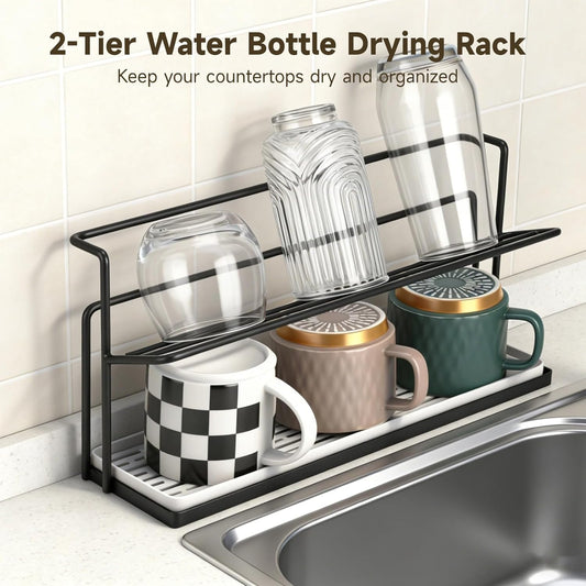 Water Bottle 2 Tier Water Bottle Drying Rack with Drain Tray, Space Saving Metal Cup Holder for Countertop, Compact Kitchen Organizer for Tumblers, Glasses, Mugs and Bottles (Black)