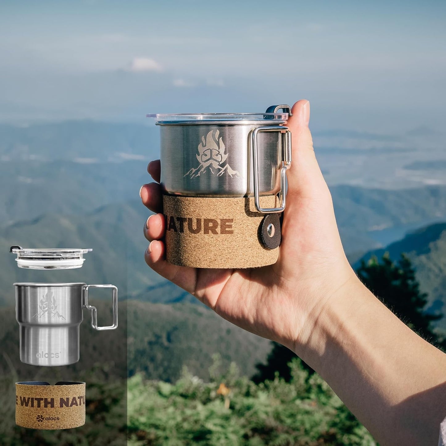 Alocs Camping Mug - Stainless Steel Travel Coffee Mug - Camping Coffee Mugs with Foldable Handle - 10 oz Camping Cup with Lids - Portable Travel Mug for Outdoor Backpacking Hiking Climbing Climbing