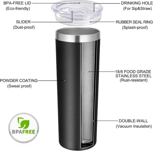 VEGOND Stainless Steel Skinny Tumbler, 20 oz Vacuum Insulated Tumbler with Lid and Straw, Double Wall Coffee Cup, Travel Mug for Cold Hot Drinks, Light Pink 1 Pack
