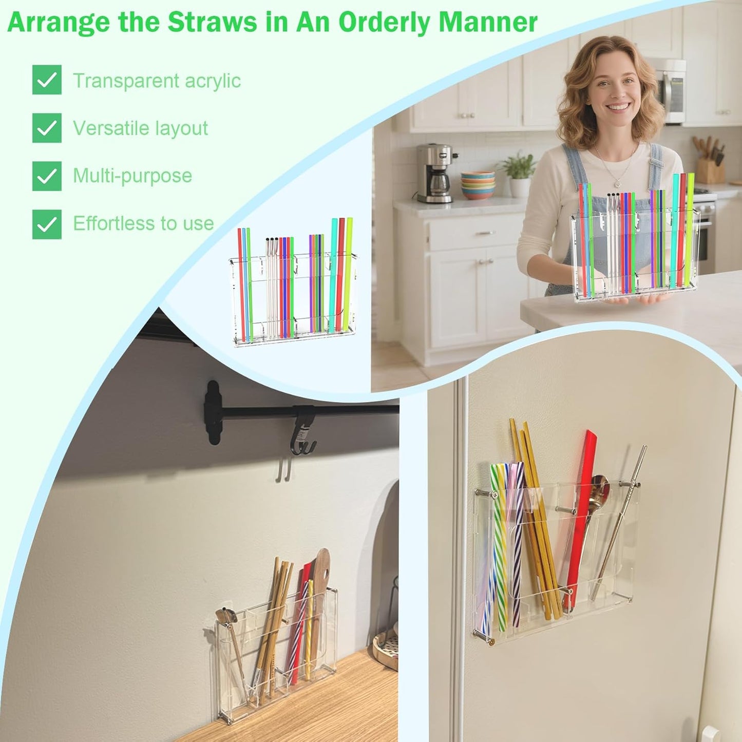 Acrylic Straw Holder for Cabinet Door & Wall – Kitchen Organizer Dispenser for Reusable Straws, Cupboard Storage Container for Drinking Straws & Small Accessories