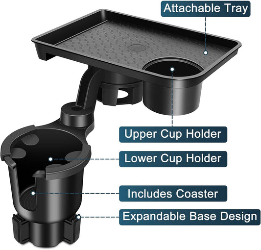 JPart Car Cup Holder Tray, Cup Holder Expander, 2 in 1 Detachable Car Food Tray with 360°Rotation Tray for Eating, Storage and Travel Road Essentials, Black