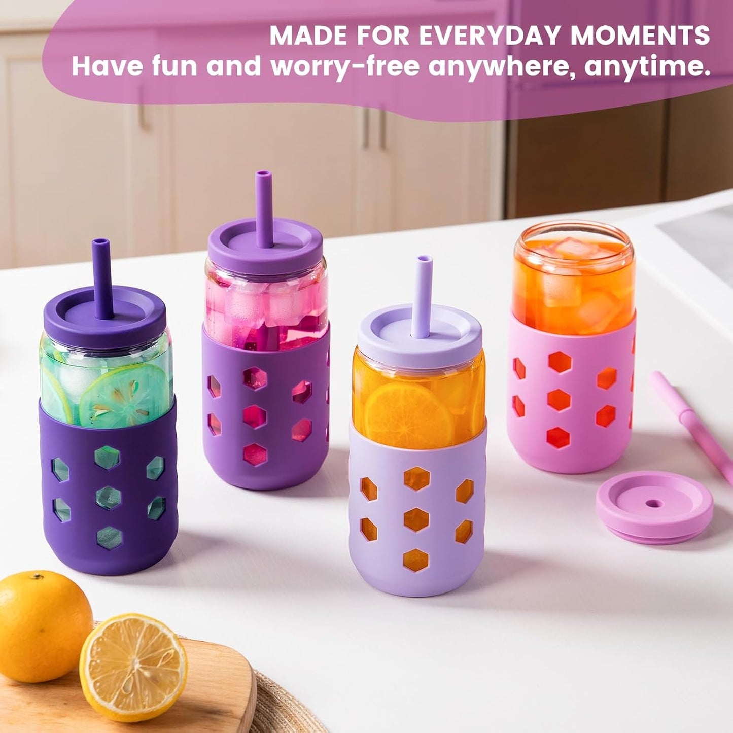 Mrsdry Glass Cups with Lids and Straws (4 Pcs), 16oz Drinking Glasses Set with Silicone Sleeves for Coffee Bar Accessories Iced Coffee Cups with Lids, Glass Tumbler Reusable for Gifts