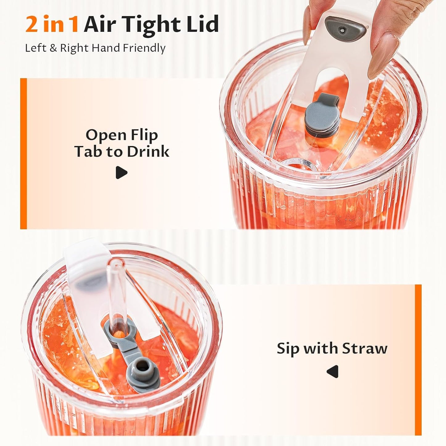 Glass Cups with Lids and Straws 4 Pack, 20oz Ribbed Glass Cups, Leak Resistant Iced Coffee Tumblers, Thick Reusable Drinking Glasses, Fits Car Cup Holder, Clear Coffee Bar Accessories