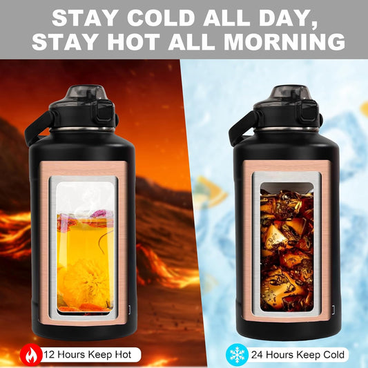 64oz Half Gallon Fruit Infuser Insulated Stainless Steel Water Bottle Jug, 48H Cold & 24H Hot, Large Capacity for Travel Hiking Mountain Climbing Black
