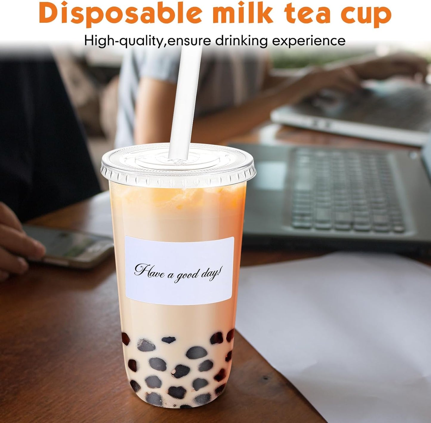 Ziliny 50 Sets Crystal Clear Plastic Cups with Lids, Straws and Stickers, Disposable Iced Coffee Cups Thickened PET for Iced Coffee, Bubble BobaTea, Smoothie, Cold Drinks, Juice, Shops (12 oz)