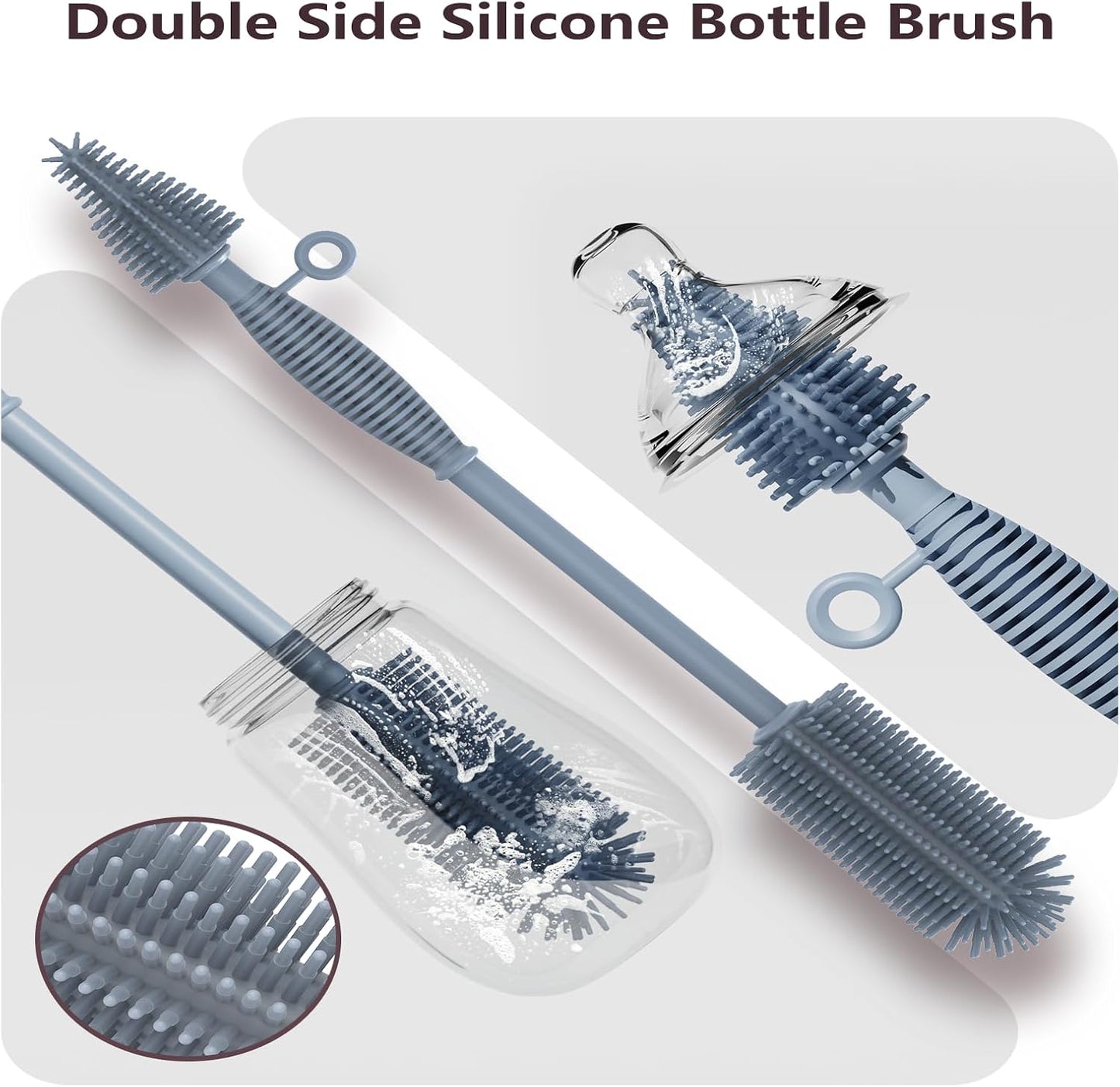 Bottle Brush & Straw Cleaner Brush Set,Silicone Bottle Brush with Sturdy Handle for Water Bottles,Tumblers,Baby Bottles,Long Flexible Straw Cleaner Brush for Standard Straws(Blue)