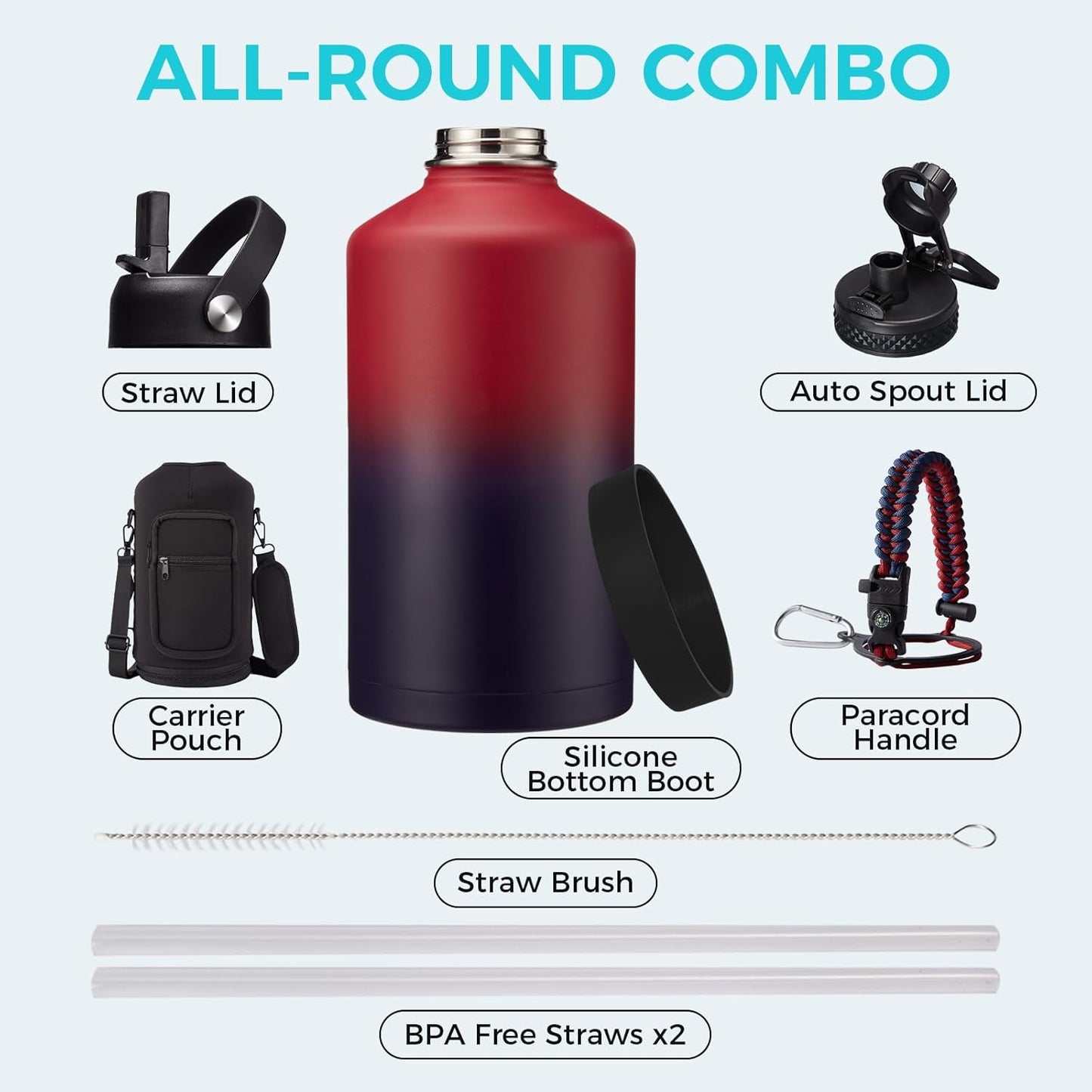 32/40/64OZ Insulated Water Bottle - Keep Cold 48H Hot 24H, Combo Straw/Spout Lids, Paracord Handle for Gym/Hiking, Carrier Bag +Strap, Cup Mat, BPA-Free Stainless Steel Flask Jug