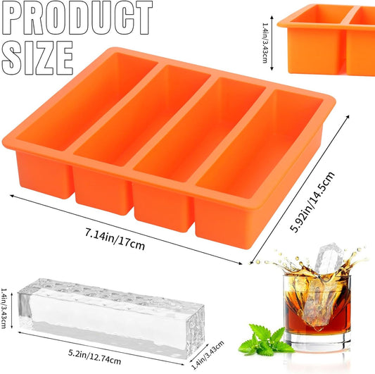 Large and Long Ice Cube Tray 2 Pack Silicone Freezing Container Sticks with Lid for Whiskey, Water Bottle, Food Leftovers and Baking (2pack Orange)
