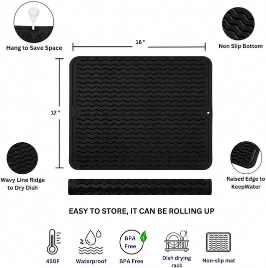 Silicone Drying Mat 16 × 12 – Gray Non-Slip Sink Mat for Kitchen Counter, Heat-Resistant Food-Grade Dish Pad, Easy-Clean Multipurpose Drawer Liner (Gray, 16'' x 12'')