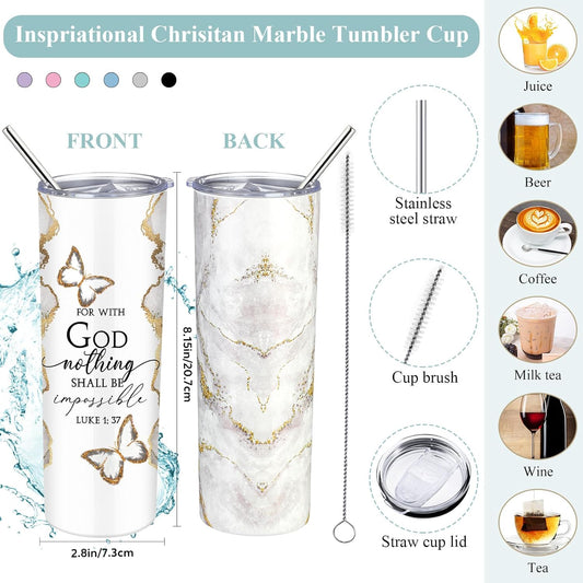 Geiserailie 6 Sets Christian Tumblers for Women 20 oz Marble Stainless Steel Cups with Lid Straw and Brush Inspirational Bible Verse Faith Gifts for Graduation End of Year Friends Coworkers Church