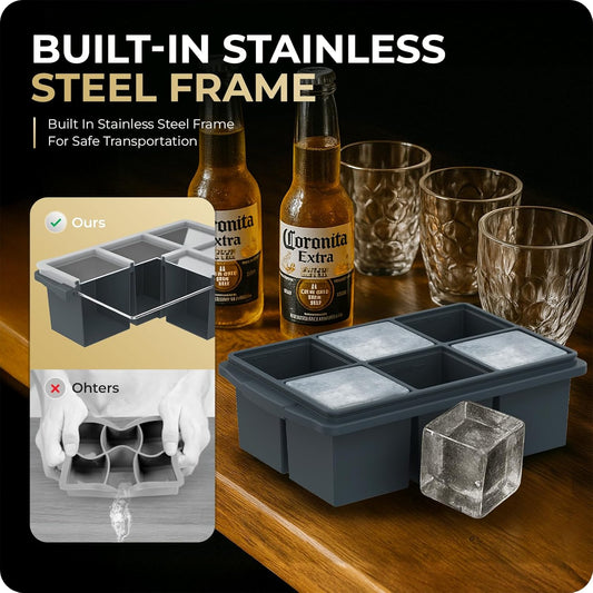 Large Ice Cube Trays for Whiskey, Silicone Ice Cube Tray, with Reinforced Steel Ring Top, Makes 12 perfect 2-in ice cubes, Square Ice Tray for Cocktails, Whiskey, Coffee. (2 Pack)