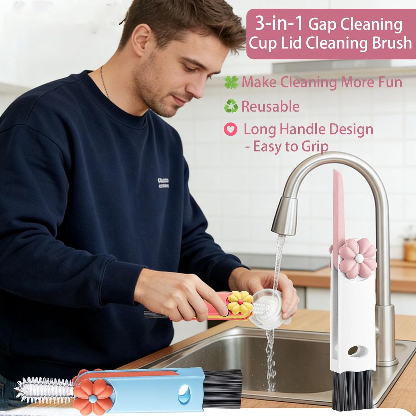 4 in 1 Cup Lid Cleaning Brush - Multifunctional Water Bottle Crevice Cleaning Brush, Portable Cup Lid Brush, Home Kitchen Crevice Brush Tools for Tiny Cup Lid Detail, Bottle Tight Spaces Cup (3 PCS)