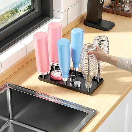 Water Bottle Drying Rack with Drain Tray, Cup Drying Rack for Counter, Metal Tumbler Dryer Stand with 6 Pegs, Space-Saving Drying Rack for Water Bottles, Baby Bottle, Glass & Reusable Bag (Black)
