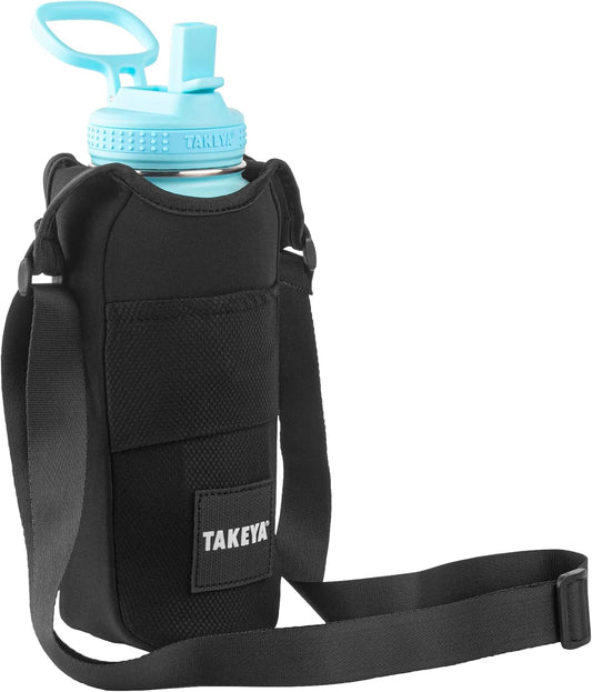 Takeya Hydrotex Easy Grip Bottle Sling - Water Bottle Carrier with Strap & Pockets - Bag Fits 32 oz & 40 oz Bottles - Great for Pickleball & Tennis Courts - Durable Bottle Bag with Carabiners