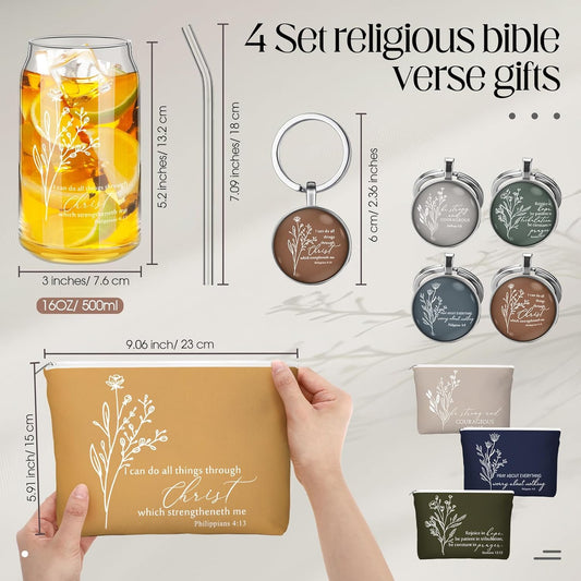 Fumete 4 Sets Christian Gifts for Women Church Gifts Set 16oz Bible Verse Glass Cup Religious Makeup Cosmetic Bags Prayer Tumbler Keychain for Study Group Sunday School God Teacher(Bright Morandi)