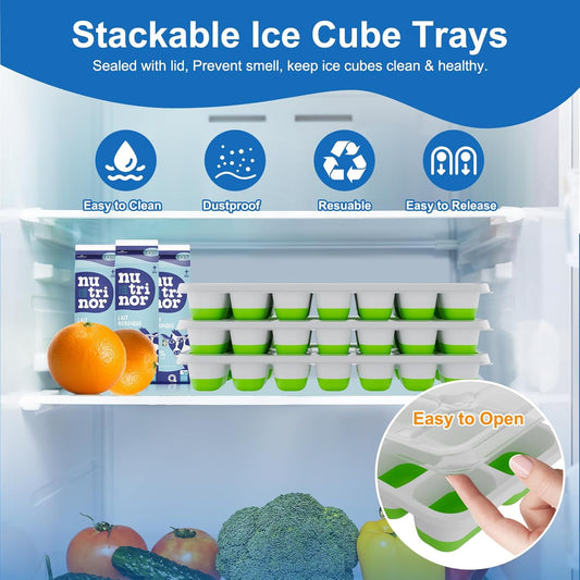 Ice Cube Tray with Lid, 3 Pack Silicone Easy-Release Ice Trays for Freezer, Stackable Ice Cube Molds for Drinks, Cocktails, Whiskey, Coffee - BPA-Free and Odor-Free,Ice Cube Trays for Freezer