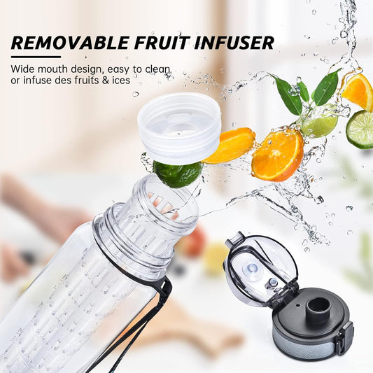 UTEBIT 32 OZ Fruit Infuser Water Bottle, Insulated Sports Water Bottle With Straw, 1L BPA Free Leak Proof Tritan Large Water Jug with Strap for Gym, Camping, Travel, Outdoor