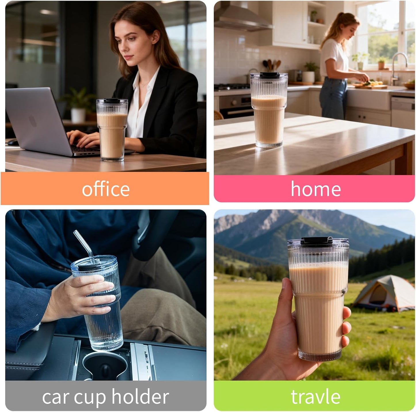 BLUEPOLAR Double Walled Glass Espresso Cups, Insulated Coffee Mug with Straw and Lid - 12oz/350ml Reusable Tumbler for Hot/Cold Drinks, Smoothie, Latte, Matcha, Car & Travel