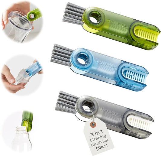 Multifunctional 3-in-1 Cleaning Brush for Cups, Bottles & Keyboards – Portable Glass & Lid Gap Cleaner for AirPods, Hard-to-Reach Corners – ABS & Silicone Compact Design (Blue/Dark Grey/Green).