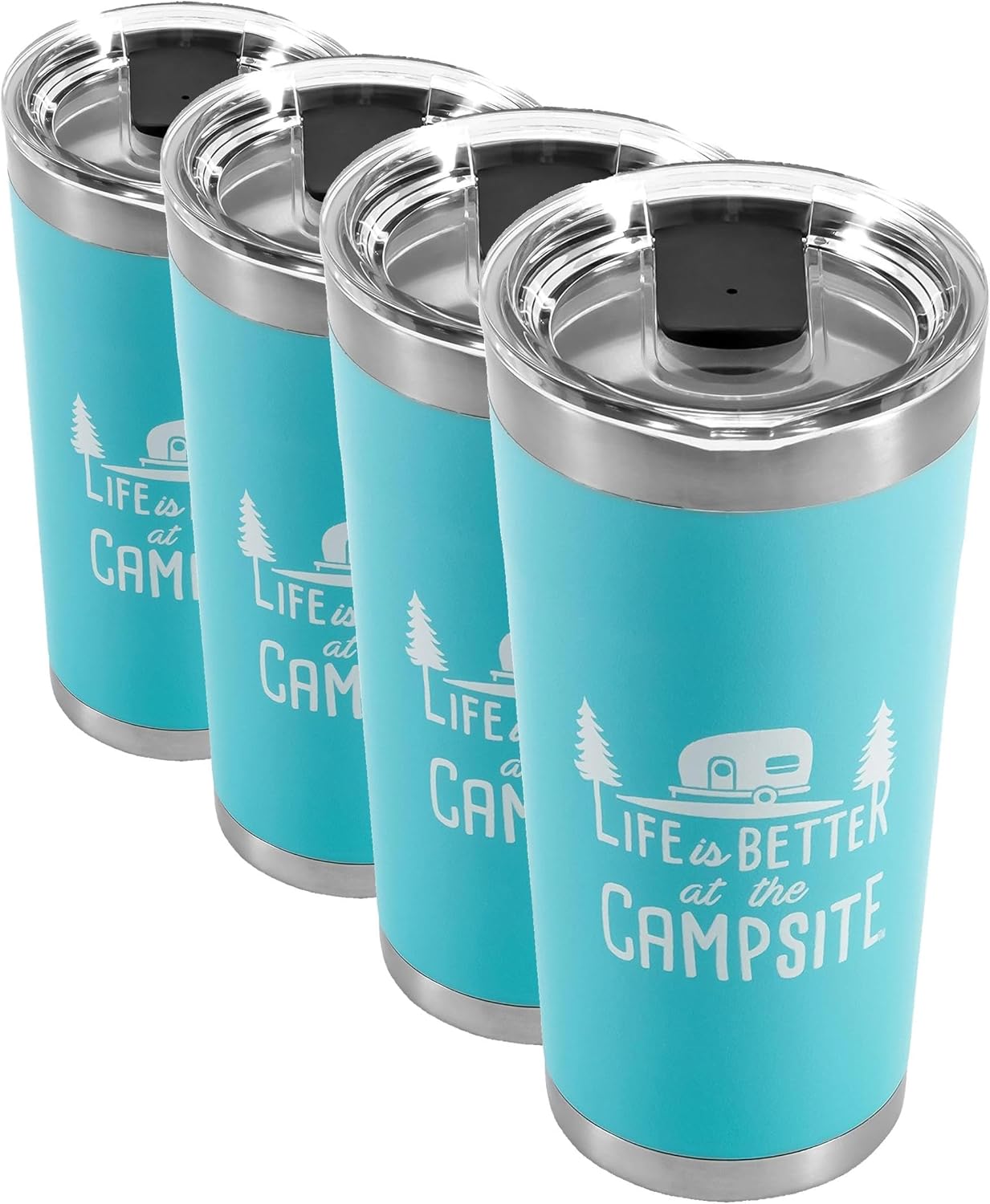 Camco Life is Better at The Campsite Tumbler | Heavy Duty Double Wall Vacuum Insulation | Crafted of 18/8 Stainless Steel | Unique “Life is Better at The Campsite” Design on Cool Blue | 20-oz (53057)
