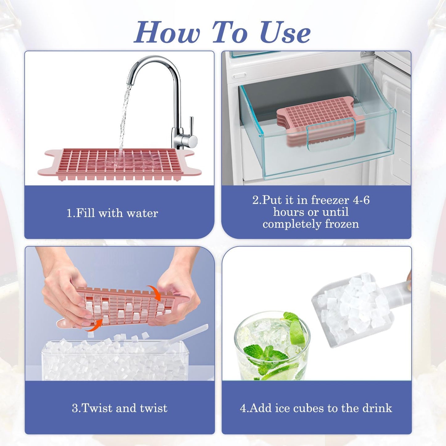 Mini Ice Cube Tray for Freezer: GGUW Nugget Ice Cube Tray with Bin - Crushed Ice Tray Making 4×117 PCS Icecube - Easy Release Iced Maker Trays
