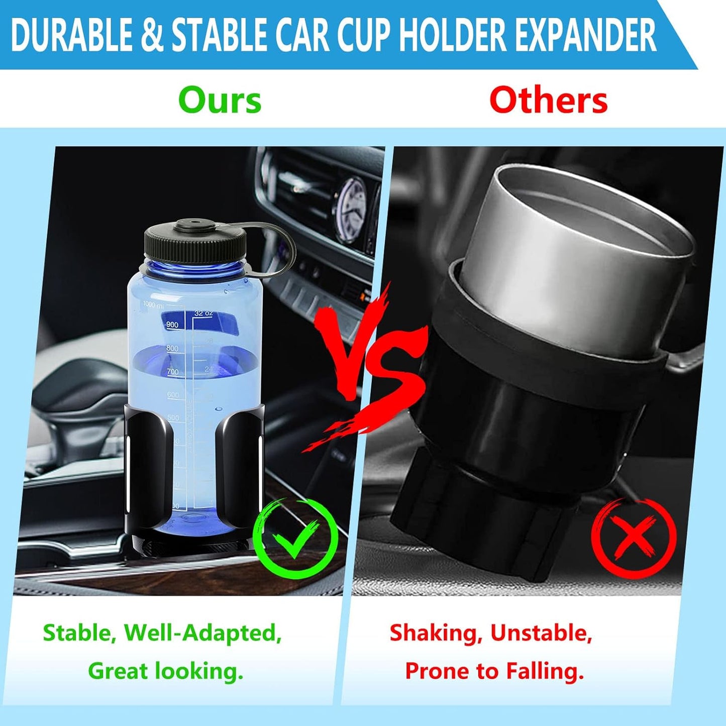 Cup Holder Expander for Car with Adjustable Holder & Base, Compatible with 10 to 64 oz Yeti Ramblers, Stanley, Hydro Flask, Nalgene, Hold 2.9" to 5.5" Large Bottles Mugs Food Drink, Car Cup Holder