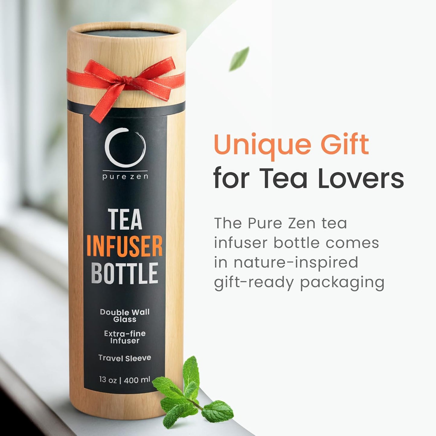 Pure Zen Tea Infuser Bottle - Double Wall Glass Travel Mug with Stainless Steel Filter - Leakproof Tea Tumbler with Infuser for Loose Leaf Infusions and Fruit Infused Water - Unique Gift Set - 13 oz