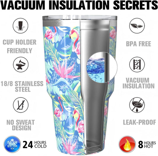 30oz Insulated Tumblers with Lids and Straws, Double wall Stainless Steel Tumbler with straw, Reusable Spill Proof Tumbler, Perfect for Iced Coffee, Tea & More- Flamingo