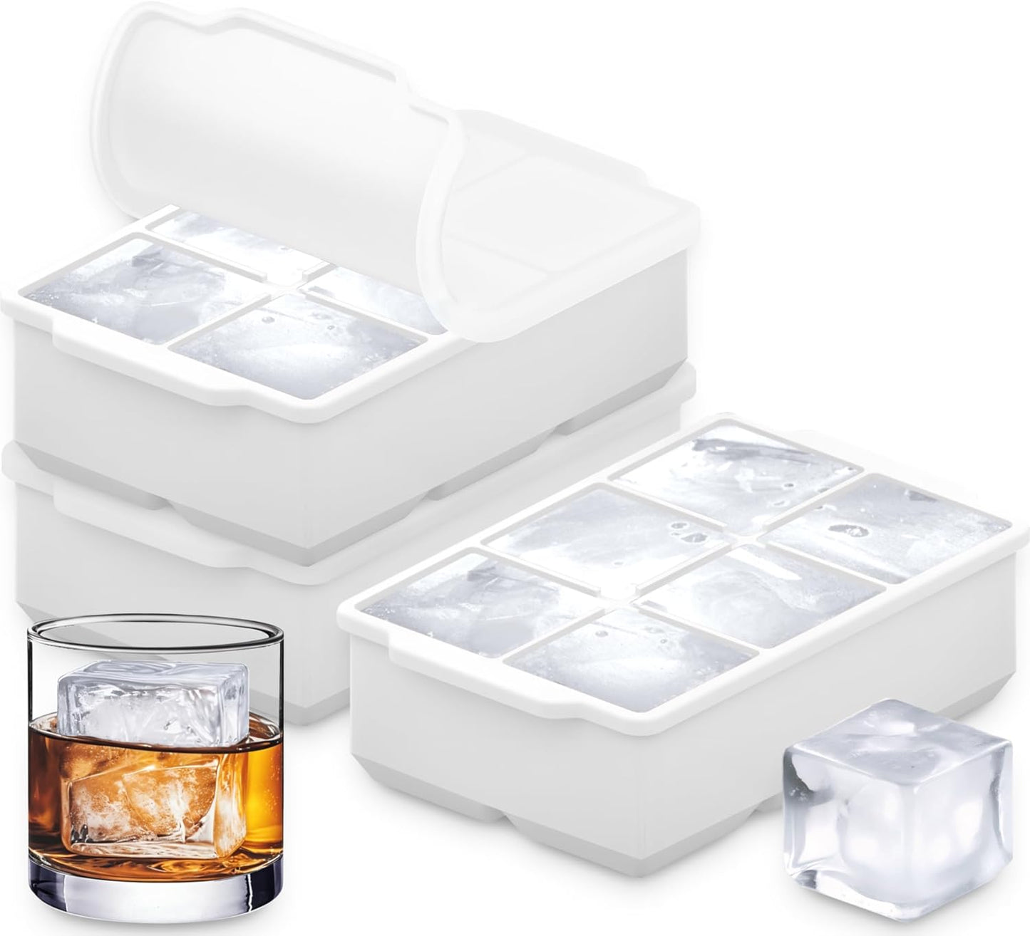KitchFort Large Silicone Ice Cube Tray (2-Pack), Easy Release 2" Big Ice Cubes - Cocktail, Whiskey Ice Cubes Mold - Ice Trays for Freezer with Lid - Stackable Silicone Ice Tray - Black