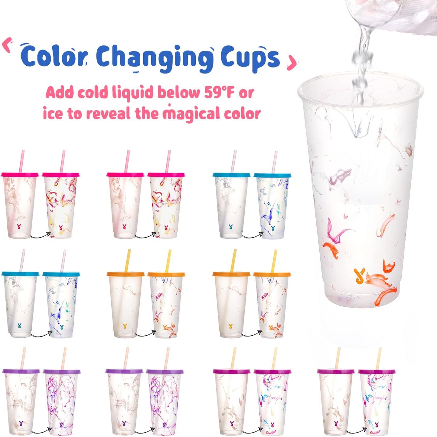 Meoky Color Changing Cold Cups with Lids and Straws - 5 Pack 24 oz Plastic Cute Tumblers Bulk, Reusable for Kids Women Party, Iced Coffee(Swirl)