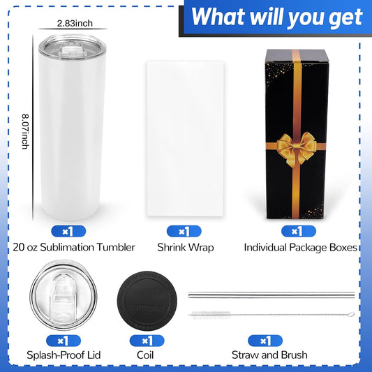 Joyclub Sublimation Tumblers Blanks 20 oz 10 Pack Skinny Straight Tumblers Bulk Stainless Steel Insulated Sublimation Cups with Lid and Straw, Gift Box