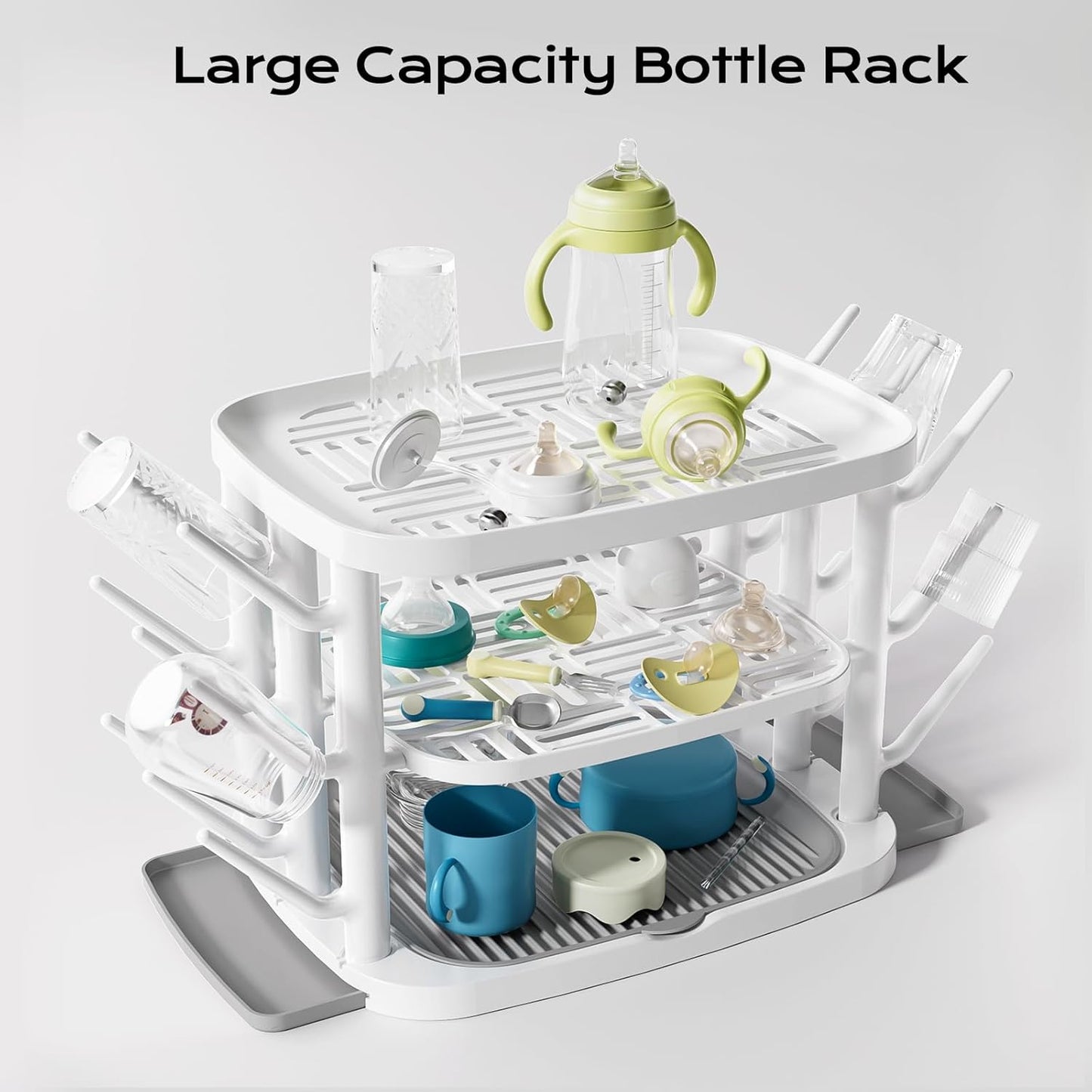 Baby Bottle Drying Rack,3-Tier Large Capacity Countertop Organizer with 360° Ventilation, Removable Drip Tray, Non-Slip Base – Easy to Clean Bottle Holder for Baby Accessories