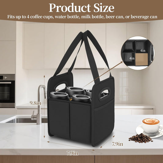 Foyego 4 Cup Drink Carrier with Handle, Reusable Insulated Drink Caddy Drink Holder for Car, Folding Portable Coffee Cup Holder Bag for Travel and Delivery