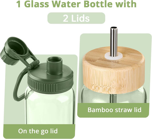32 oz Glass Water Bottle with Straw and Handle, Large Sports Water Tumbler with 2 Lids, Leak-proof BPA Free Water Jug Canteen with Silicone Sleeve for Gym Sports Outdoor, 1 Pack