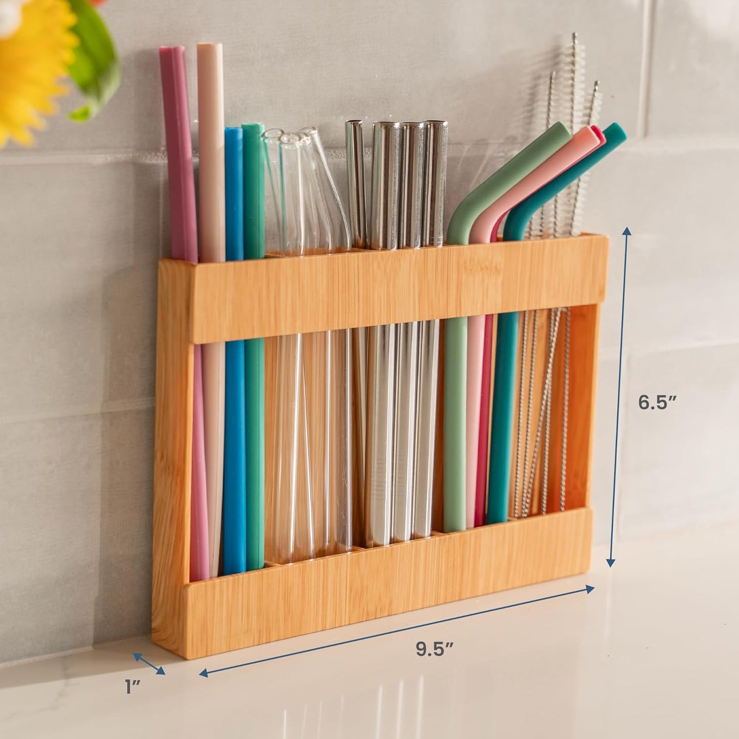 AURA Straw Holder Cabinet Organizer with Compartments, Kitchen Organization for Reusable Straws, Pantry, Office Supplies, 9.5 inches x 6.5 inches x 1 inch, Food-Safe Plastic, Bamboo
