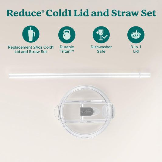 REDUCE brand Cold1 Tumblers or Mugs 20-24oz mouth Replacement Lid (3.5 inch diameter) and Straw (10.6 inch) set, Clear, BPA Free, Dishwasher safe, Durable, Reusable, Spill Proof Lid, Medium